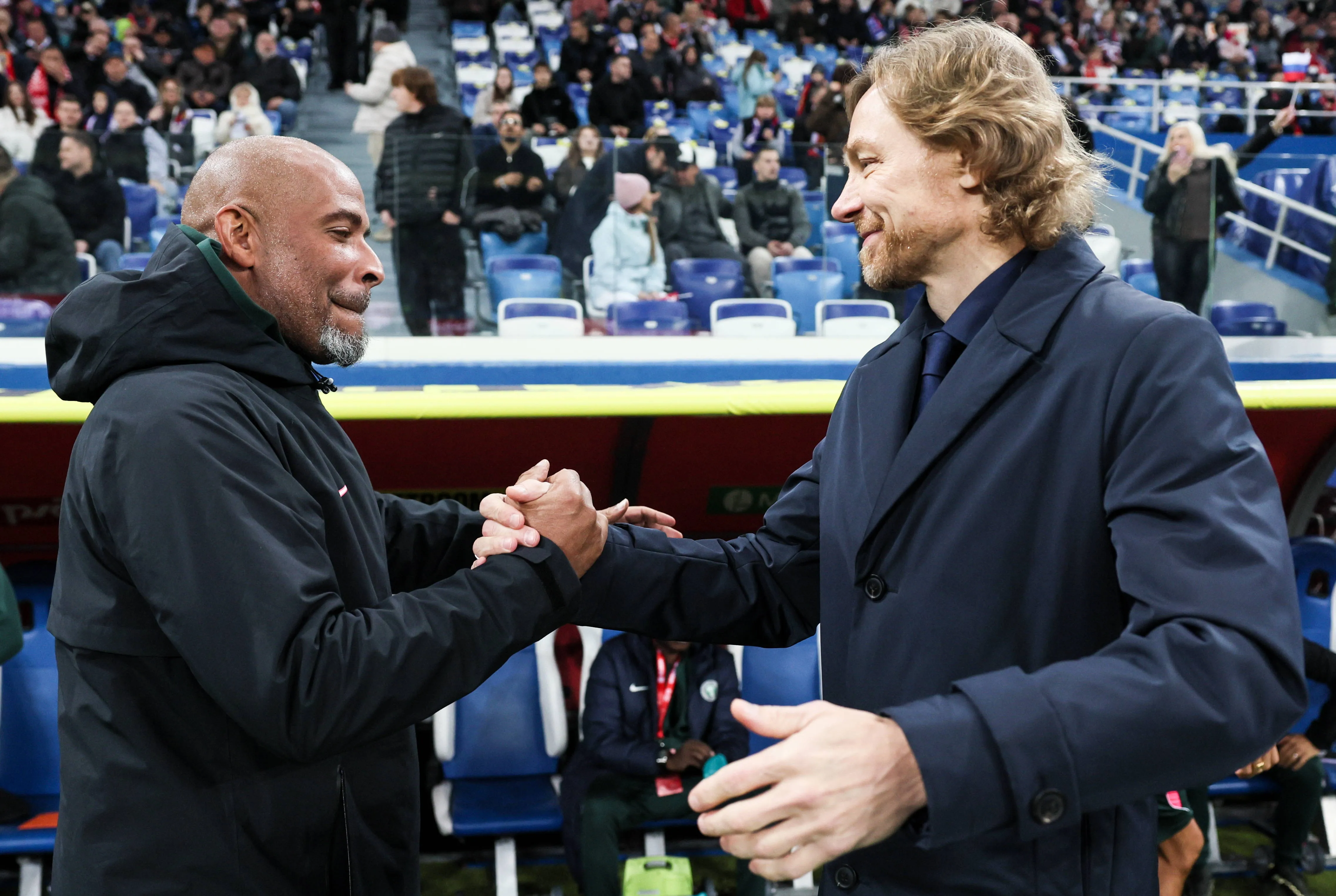 Super Eagles head coach Eric Chelle and Russia boss Valery Karpin 