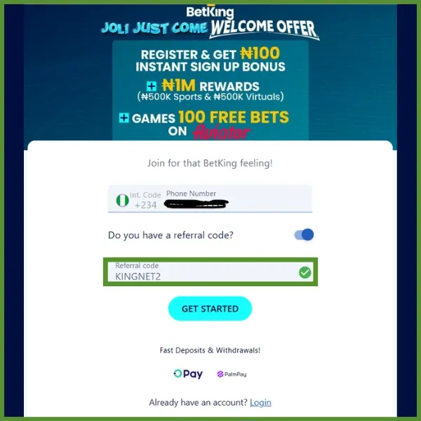 BetKing registration form with KINGNET2 entered in the referral code field.