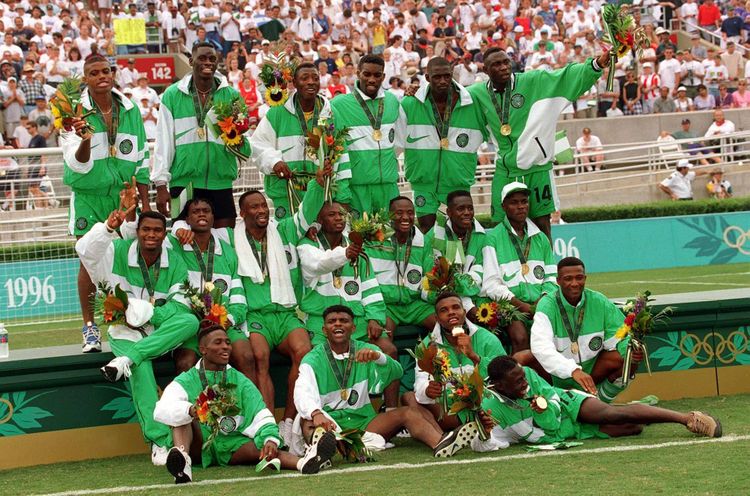 NIGERIA TEAM WITH OLYMPIC GOLD MEDALS --- Daniel Amokachi, Emmanuel Amuneke, Tijani Babangida, Emmanuel Babayaro (GK), Celestine Babayaro, Teslim Fatusi, Victor Ikpeba, Joseph Dosu (GK), Nwankwo Kanu, Garba Lawal, Abiodon Obafemi, Kingsley Obiekwu, Uche Okechukwu, Jay Jay Okocha, Sunday Oliseh, Mobi Oparaku, Wilson Oruma, Taribo West