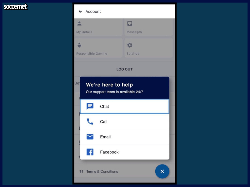Customer service channels on the BetKing app