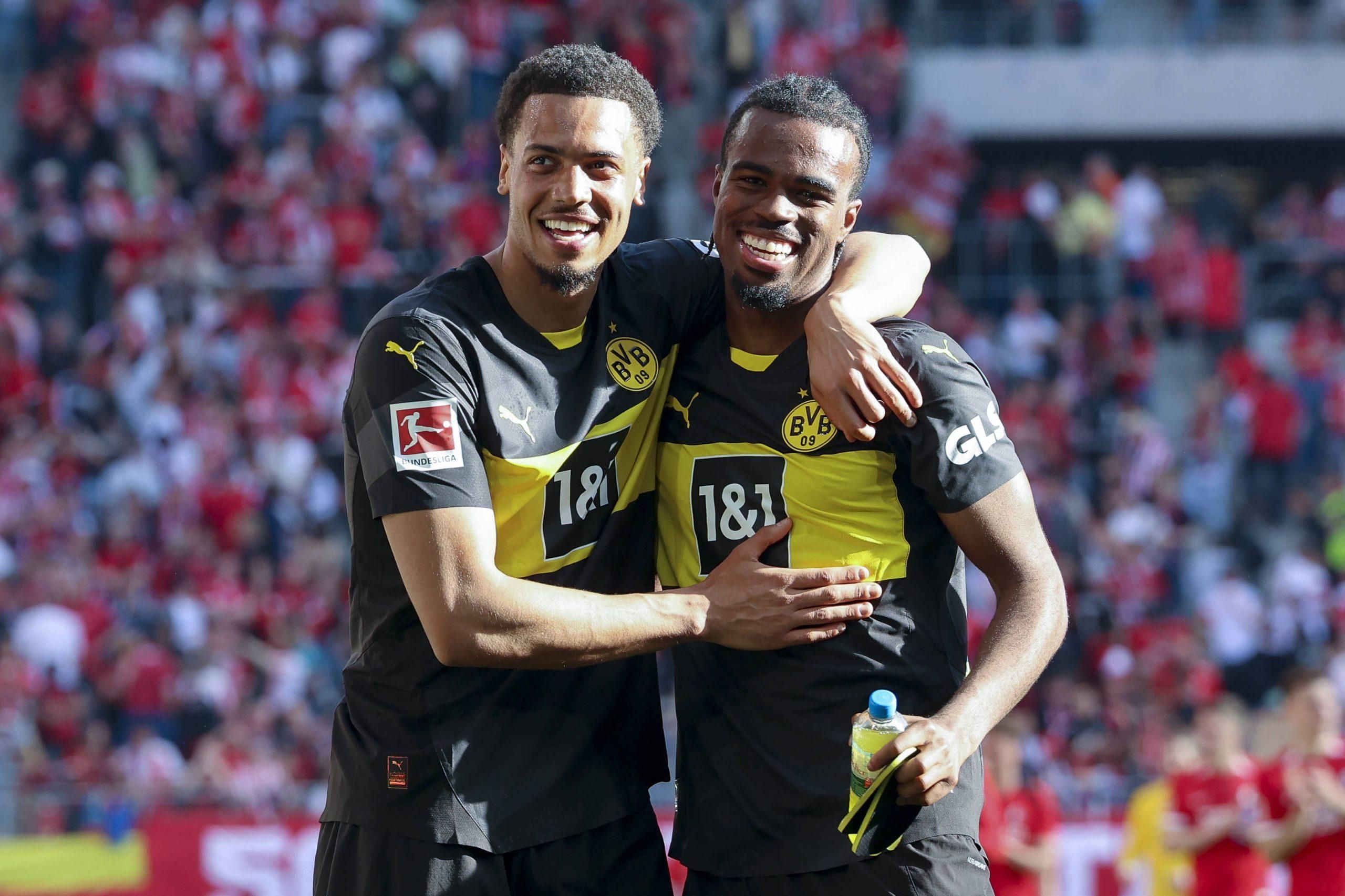 Felix Nmecha Borussia Dortmund and Carney Chukwuemeka Borussia Dortmund cheer, Bundesliga, SC Freiburg v Borussia Dortmund