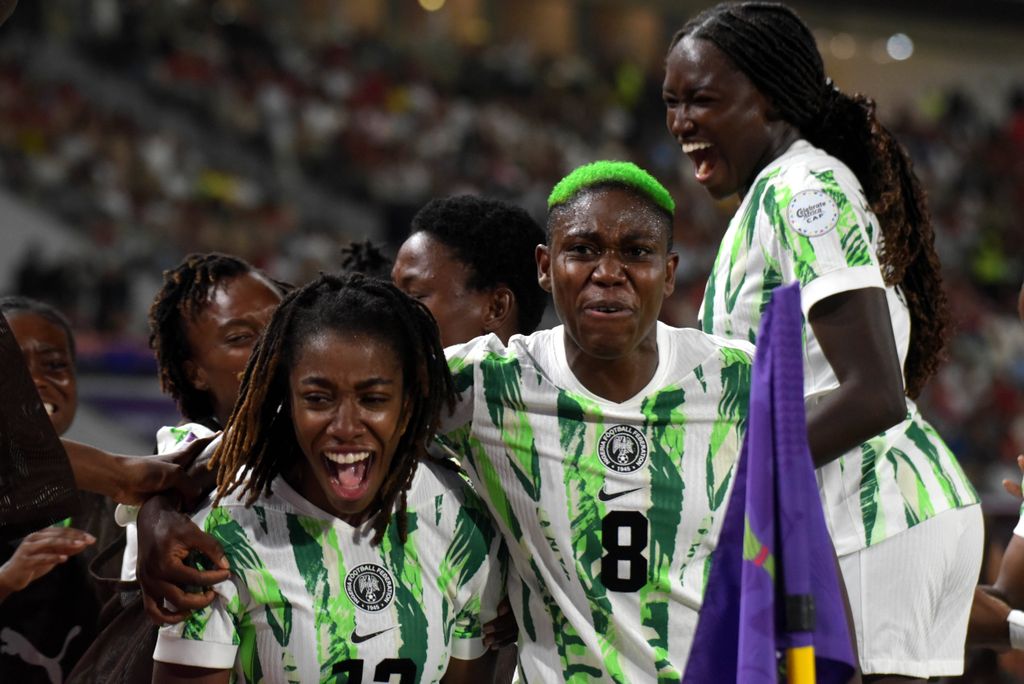 Asisat Oshoala and Onyi Echegini during the 2025 WAFCON Finals match between Morocco and Nigeria at Stade Olympique de Rabat
