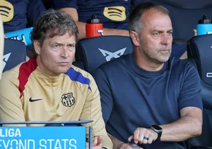 Hansi Flick and Marcus Sorg coach during the match between FC Barcelona and Villarreal CF, in week 37 of LaLiga EA Sports, at the Olympic Stadium Lluis Companys in Barcelona