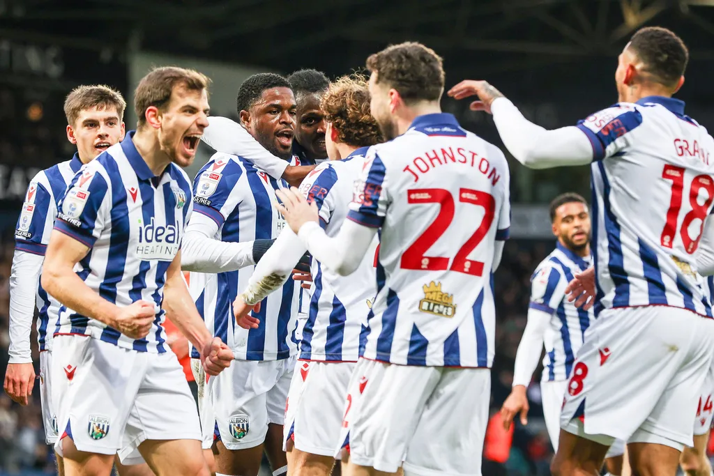 Josh Maja 3rd left receives congratulations for his goal as West Bromwich Albion celebrates during the Sky Bet Championship match between West Bromwich Albion and Preston North End at The Hawthorns