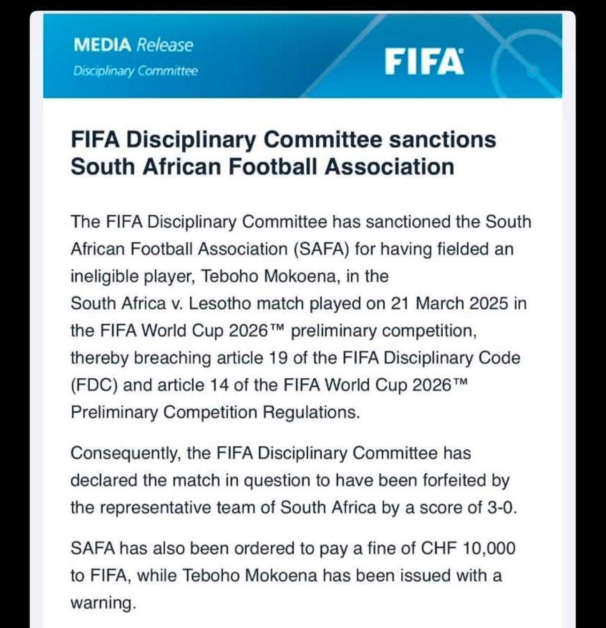 FIFA confirms South Africa punishment in 2026 World Cup Qualifiers