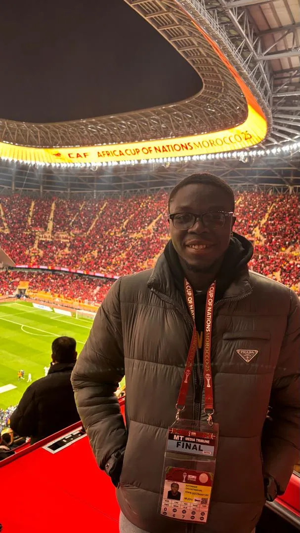 Ayomide Oguntimehin at the Prince Moulay Abdellah Stadium before 2025 AFCON final kickoff. 
