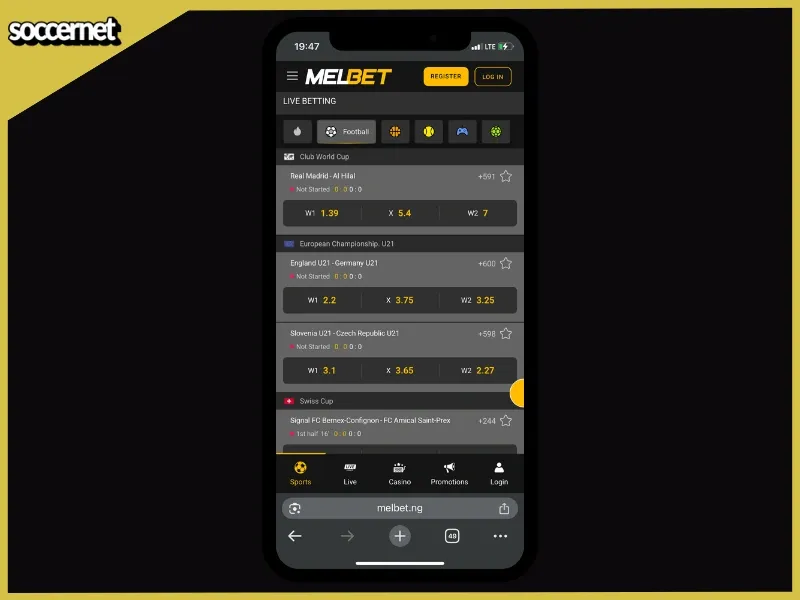 Melbet review of the interface on mobile with a mobile screen.