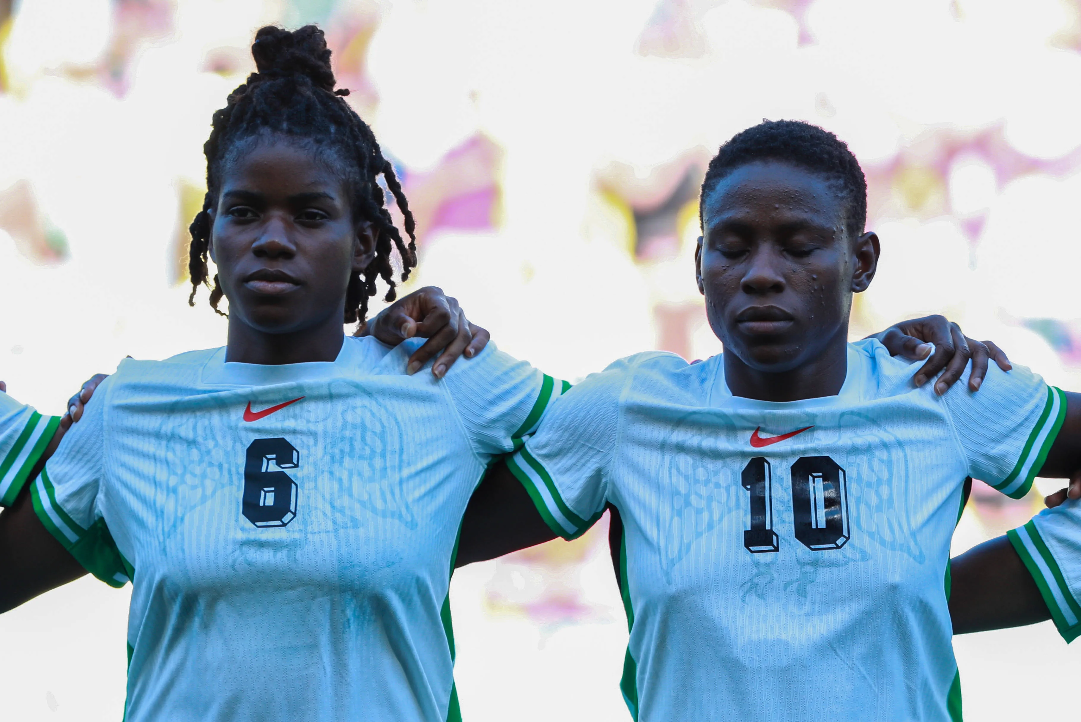 Christy Ucheibe and Esther Okoronkwo of Nigeria during the Paris Olympics 2024 Women s Group C match between Spain and Nigeria at Stade de la Beaujoire on July 28, 2024 in Nantes, France