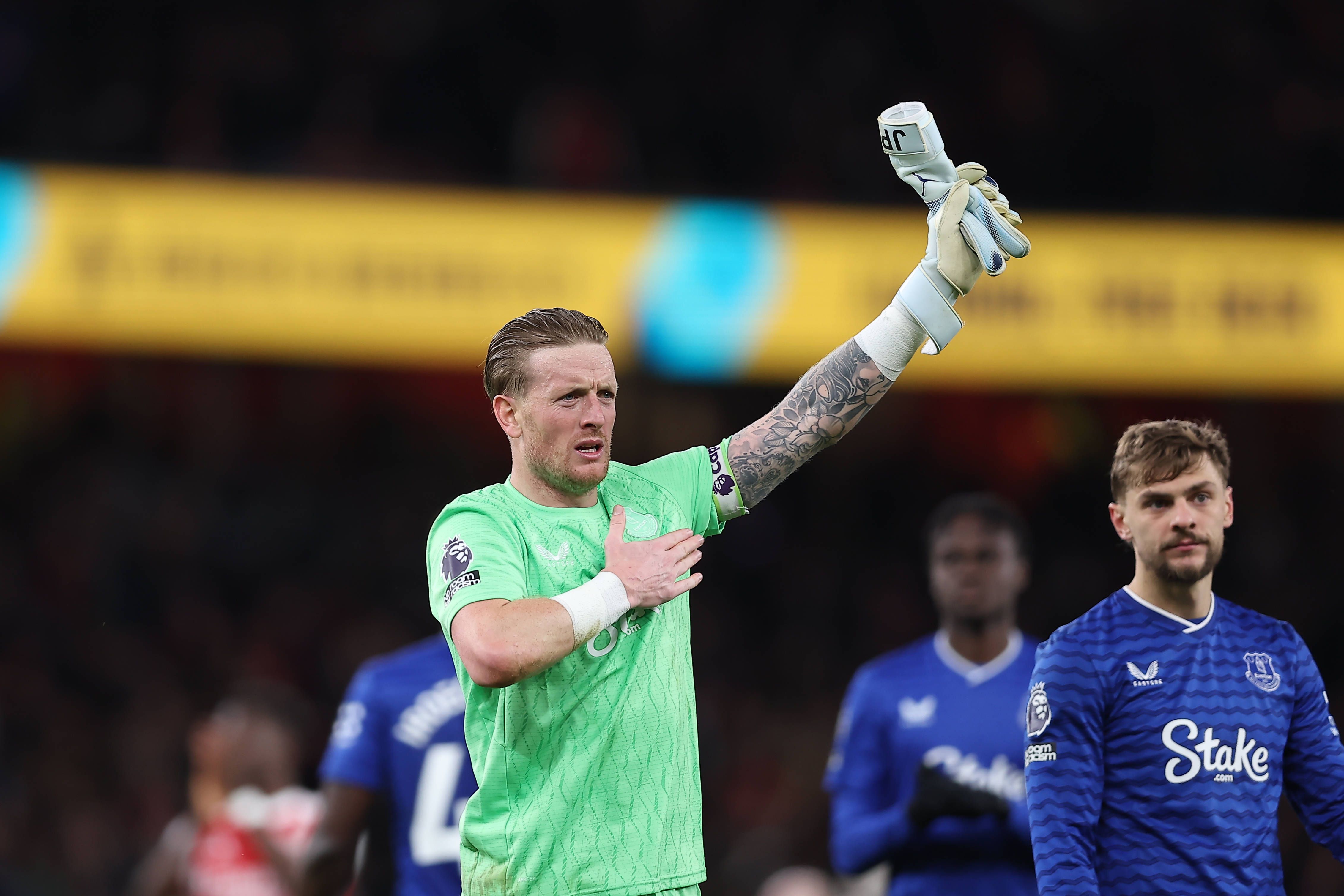 Everton goalkeeper Jordan Pickford thanking the fans after the match