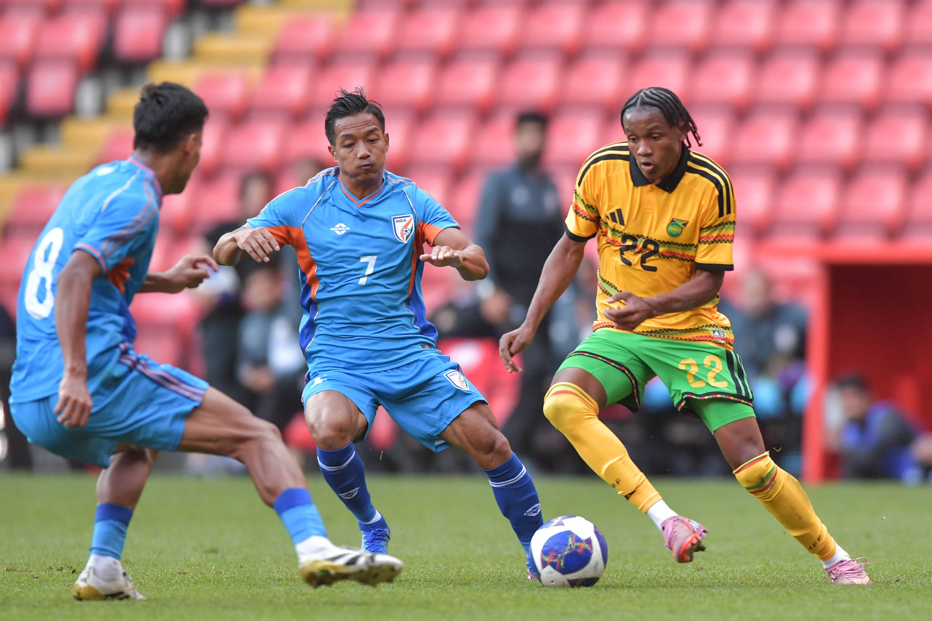 Nickalia Fuller of Jamaica with the ball as Lallianzuala Chhangte of India closes during the Unity Cup 2026 match between Jamaica and India at The Valley, London, England on 27 May 2026