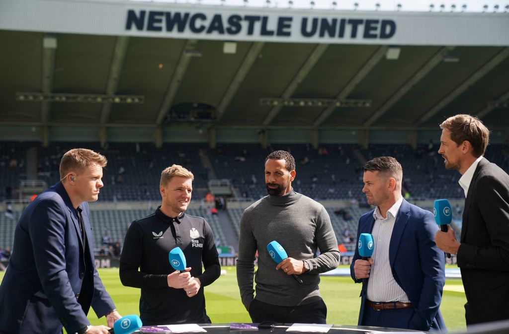 BT pundits Jake Humphrey, Rio Ferdinand, Shay Given and Peter Crouch with Newcastle United manager Eddie Howe