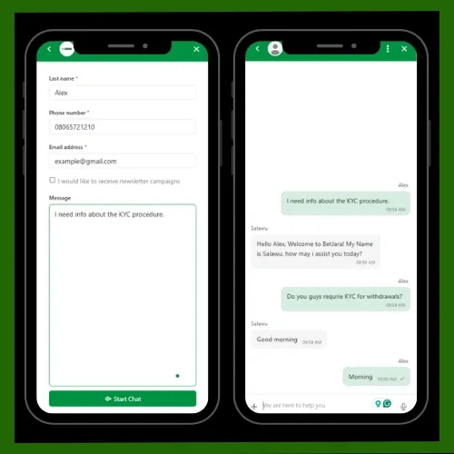 Betjara customer support with clear look at live chat and email sending options
