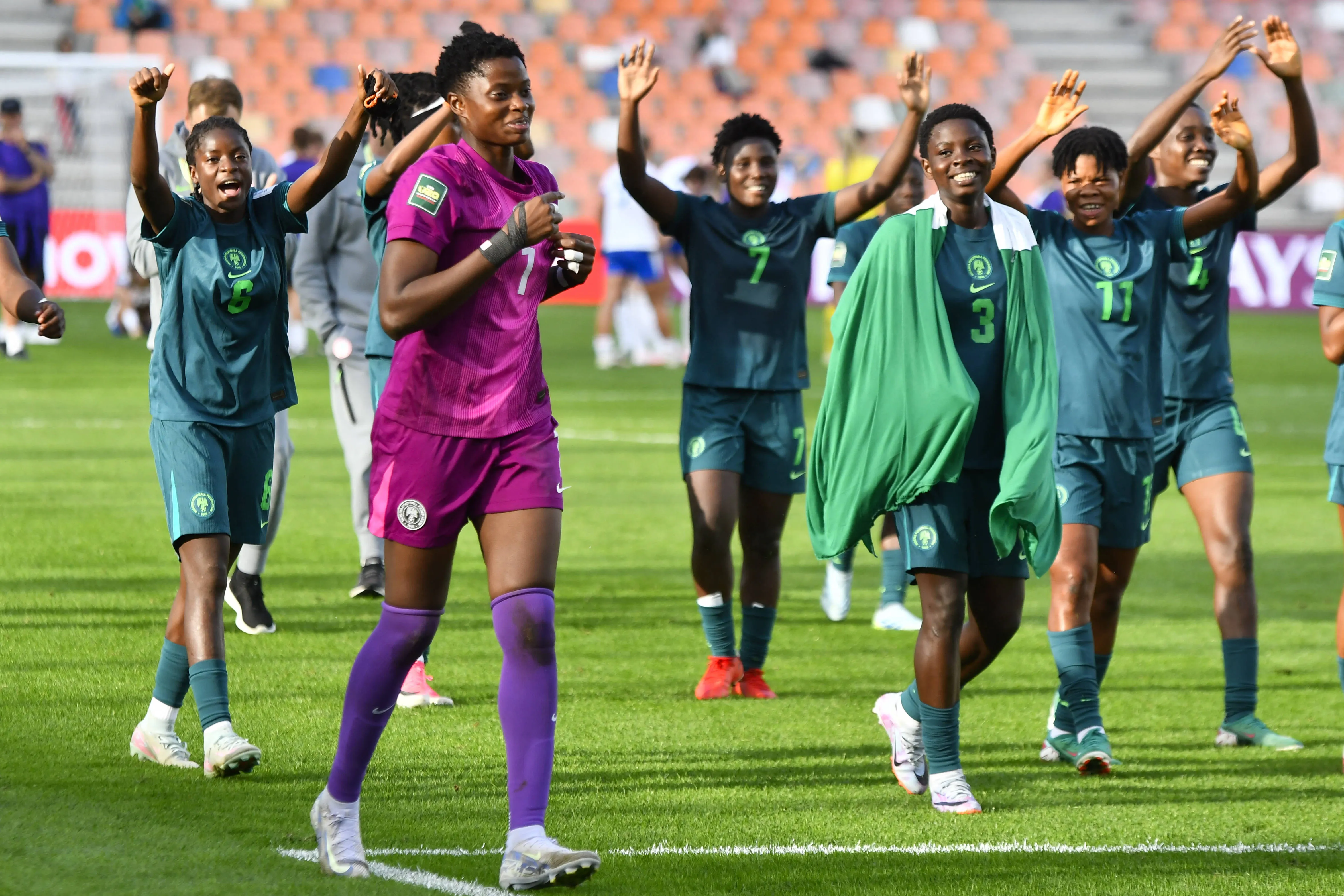 The Nigerian team celebrates after winning the match and advancing to the next round of the FIFA U-20 Women s World Cup following the Round of 16 match between England and Nigeria