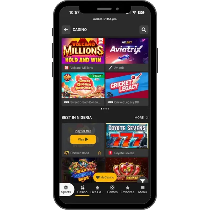 Melbet crypto casino homepage with Best in Nigeria category for popular games.