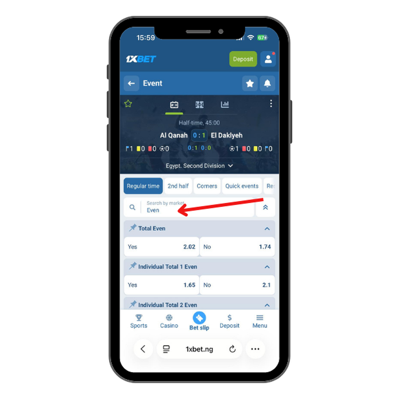 Odd and even in-play markets on 1xBet.
