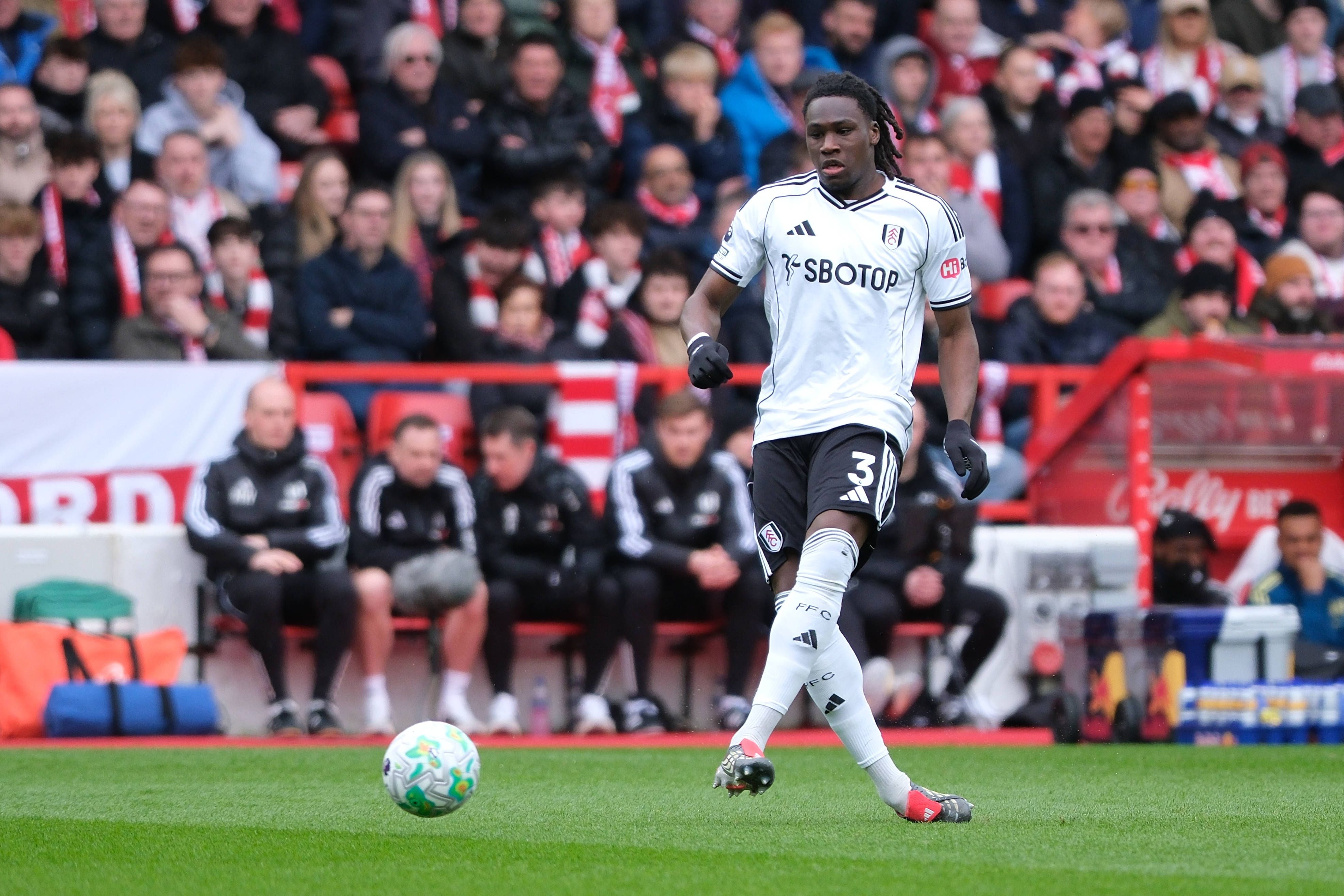 Calvin Bassey of Fulham seen in action during the Premier league football match between Nottingham Forest and Fulham at the City Ground