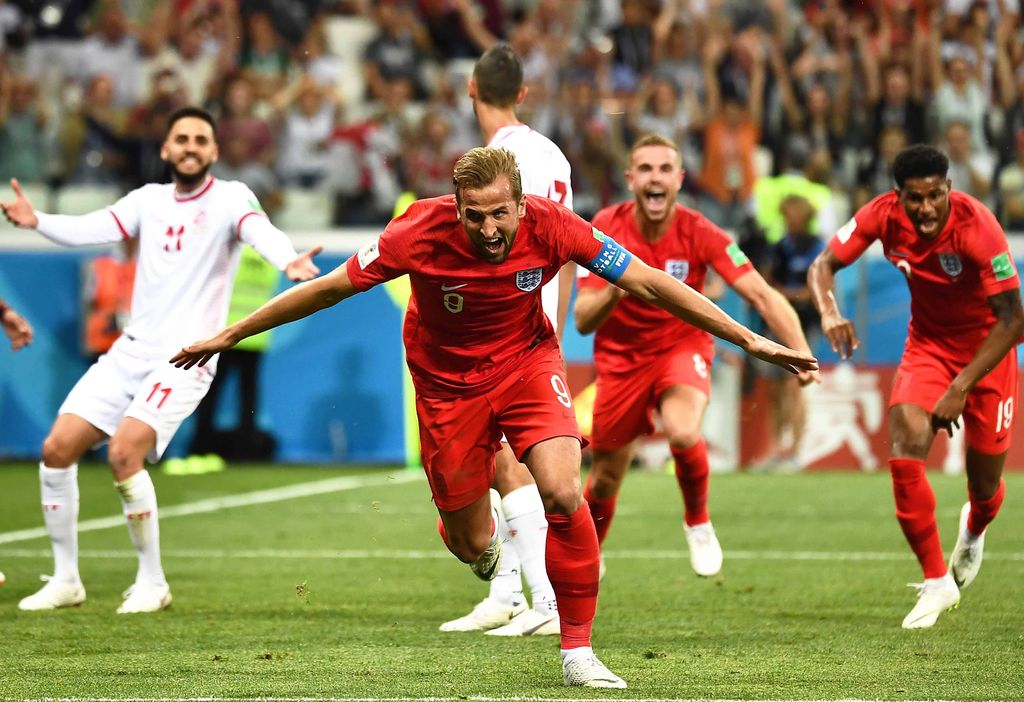 Harry Kane of England celebrates after scoring his second goal against Tunisia in their Group G match during the 2018 FIFA World Cup WM Weltmeisterschaft Fussball in Volgograd, Russia, 18 June 2018