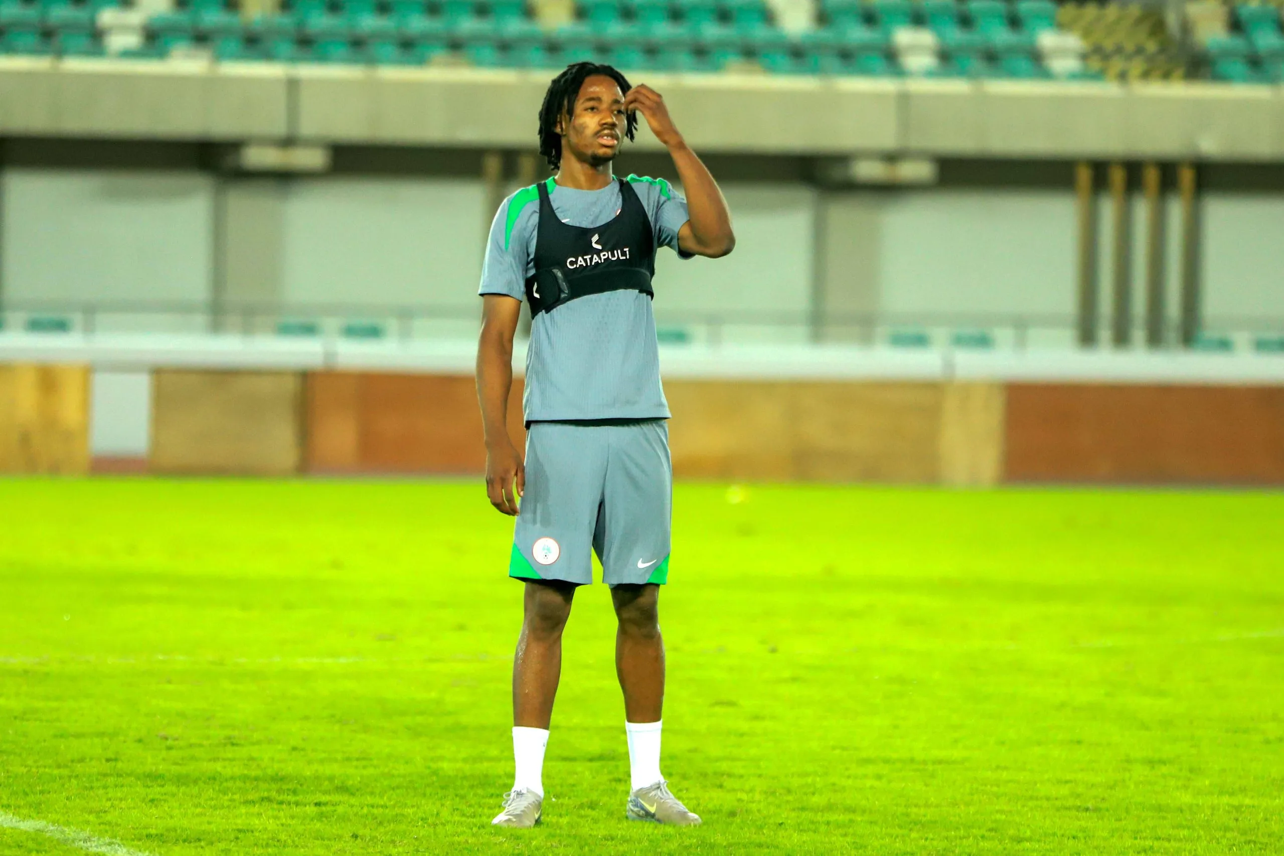 Benjamin Fredrick during the Super Eagles of Nigeria final training ahead of 2026 FIFA World Cup qualifier match between Nigeria and Benin Republic at Godwill Akpabio Stadium