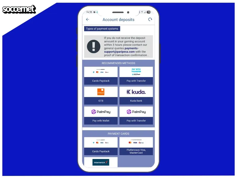 Paripesa payment methods inside the app.