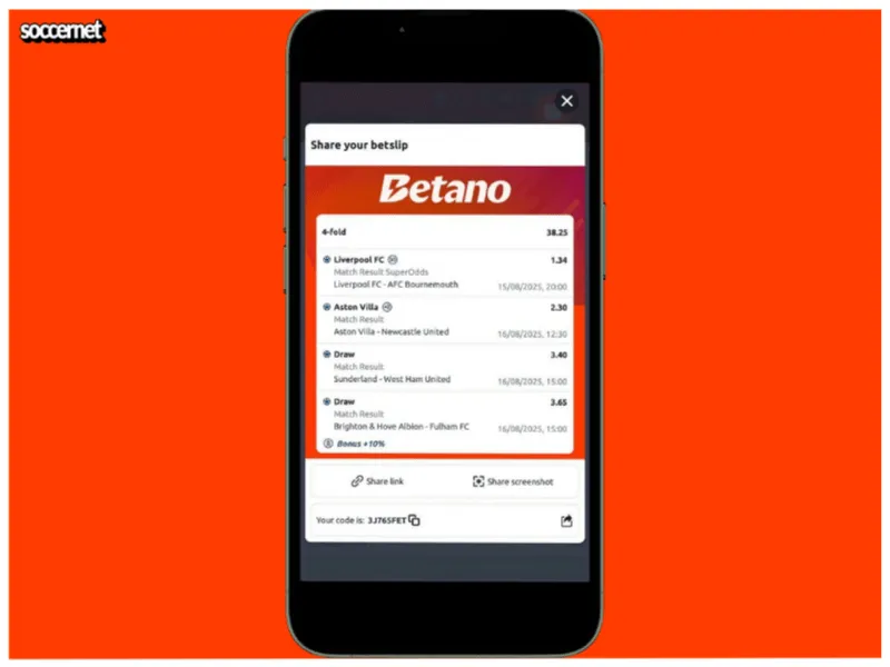 Betano mobile app screen showing the option to share betting codes and bet slips with friends or on social media.