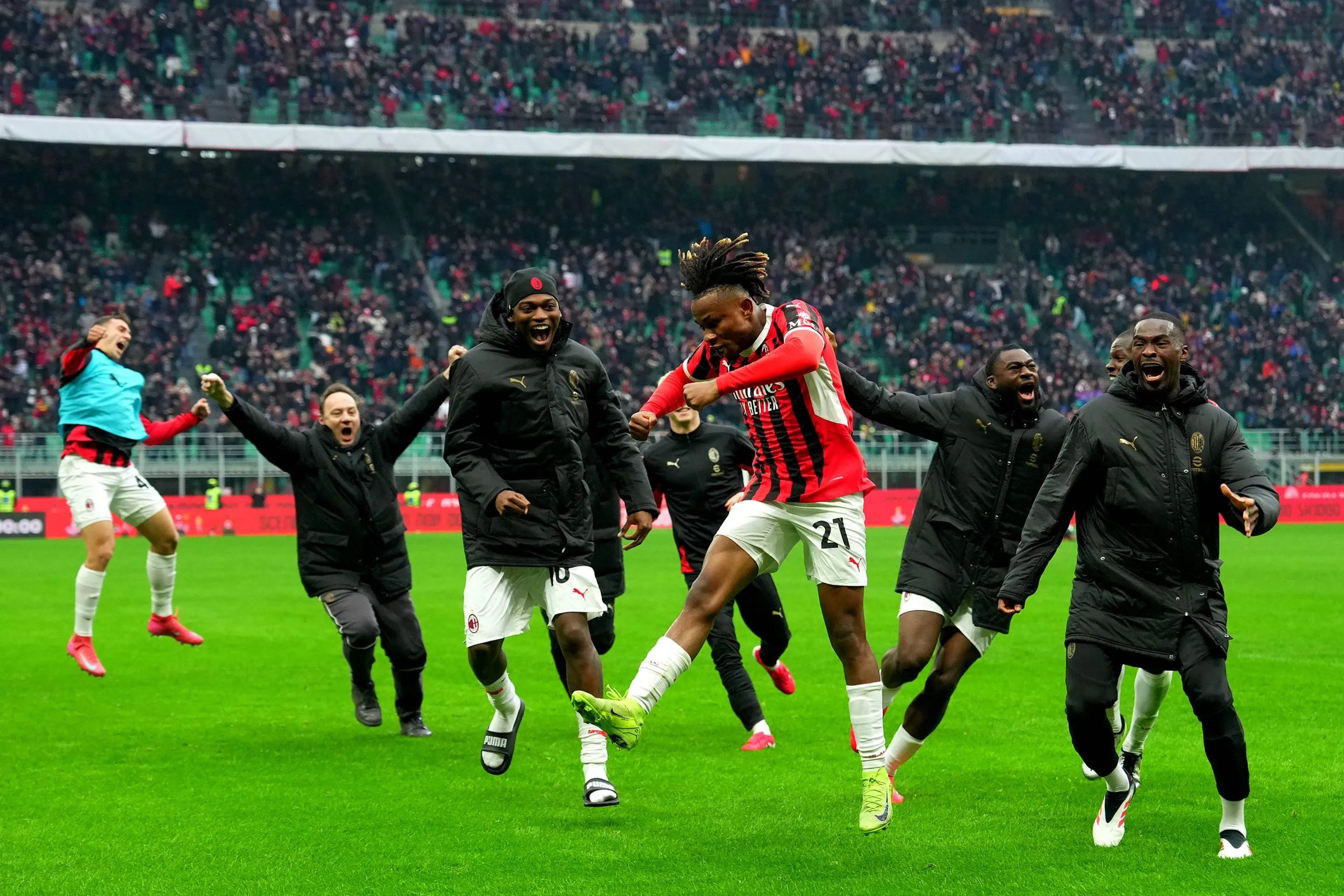 AC Milan s Samuel Chukwueze celebrates after scoring goal 3-2 during the Serie A soccer match between Ac Milan and Parma at San Siro Stadium