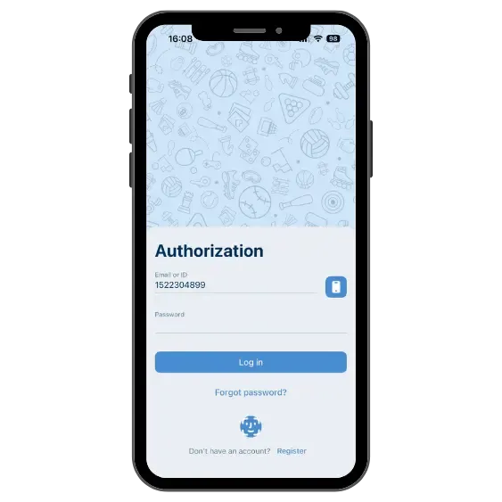 1xBet app login screen showing authorization page with email or ID field, password input, and log in button