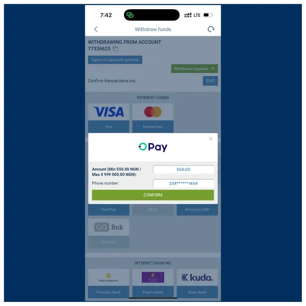 1xBet withdrawal page with OPay selected