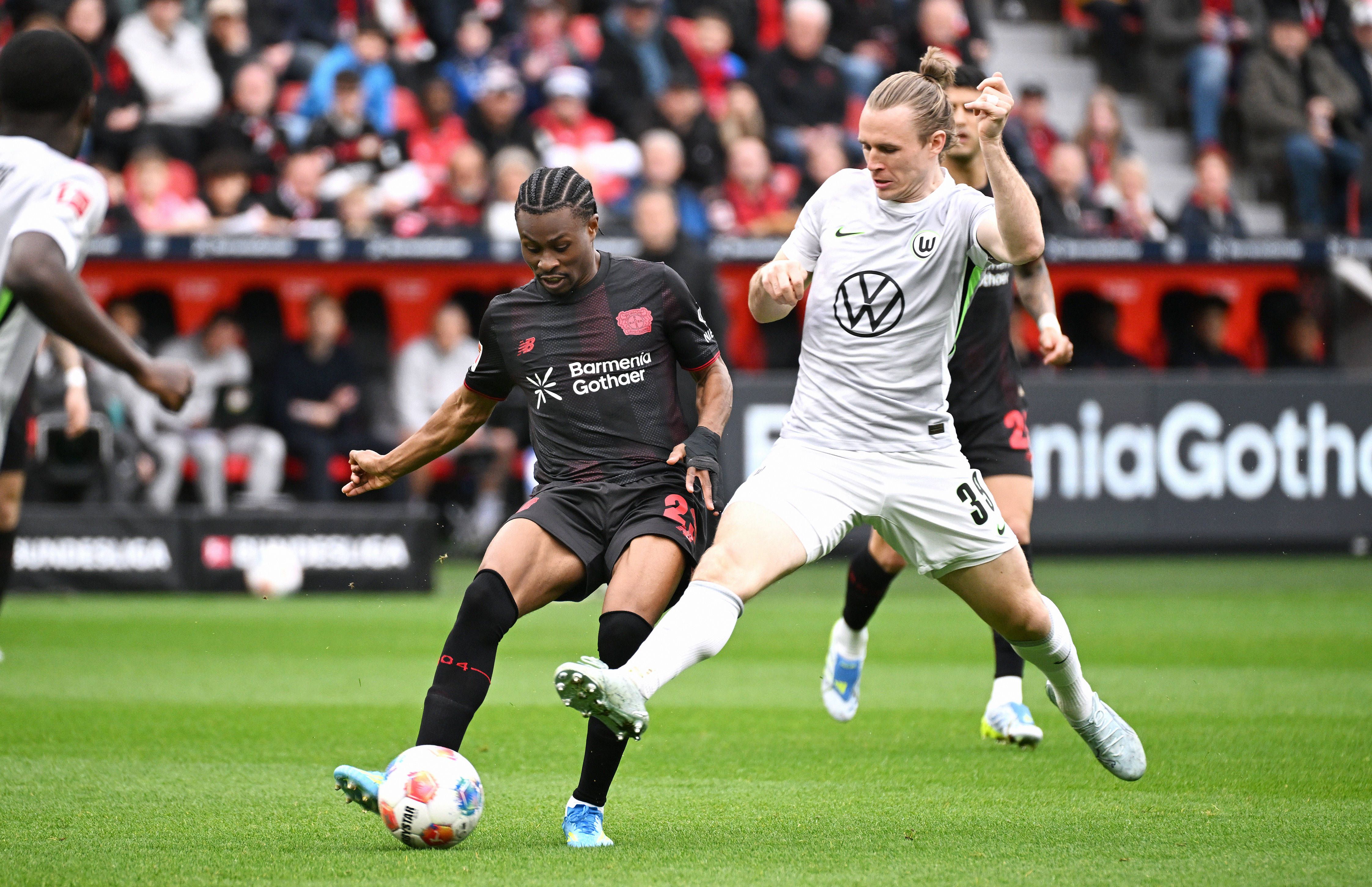 Nathan Tella and Patrick Wimmer in Bayer Leverkusen vs Wolfsburg