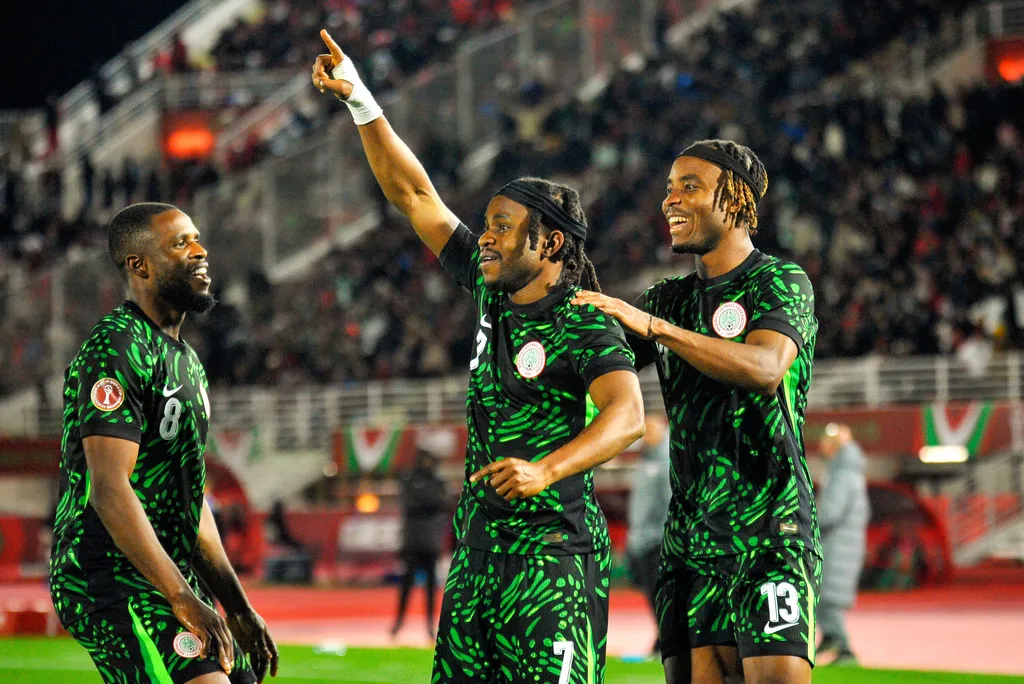 Ademola Lookman, Frank Onyeka and Onyemaechi Bruno, celebrate goal during the Africa Cup of Nations AFCON match between the Super Eagles of Nigeria and Tunisia