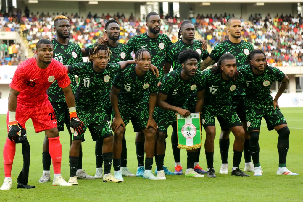 Ola Aina, Wilfred Ndidi, Samuel Chukwueze, Boniface Victor, Alex Iwobi and Onyemaechi Bruno of Nigeria during the 2025 Africa Cup of Nations AFCON qualifier match between Nigeria and Benin Republic