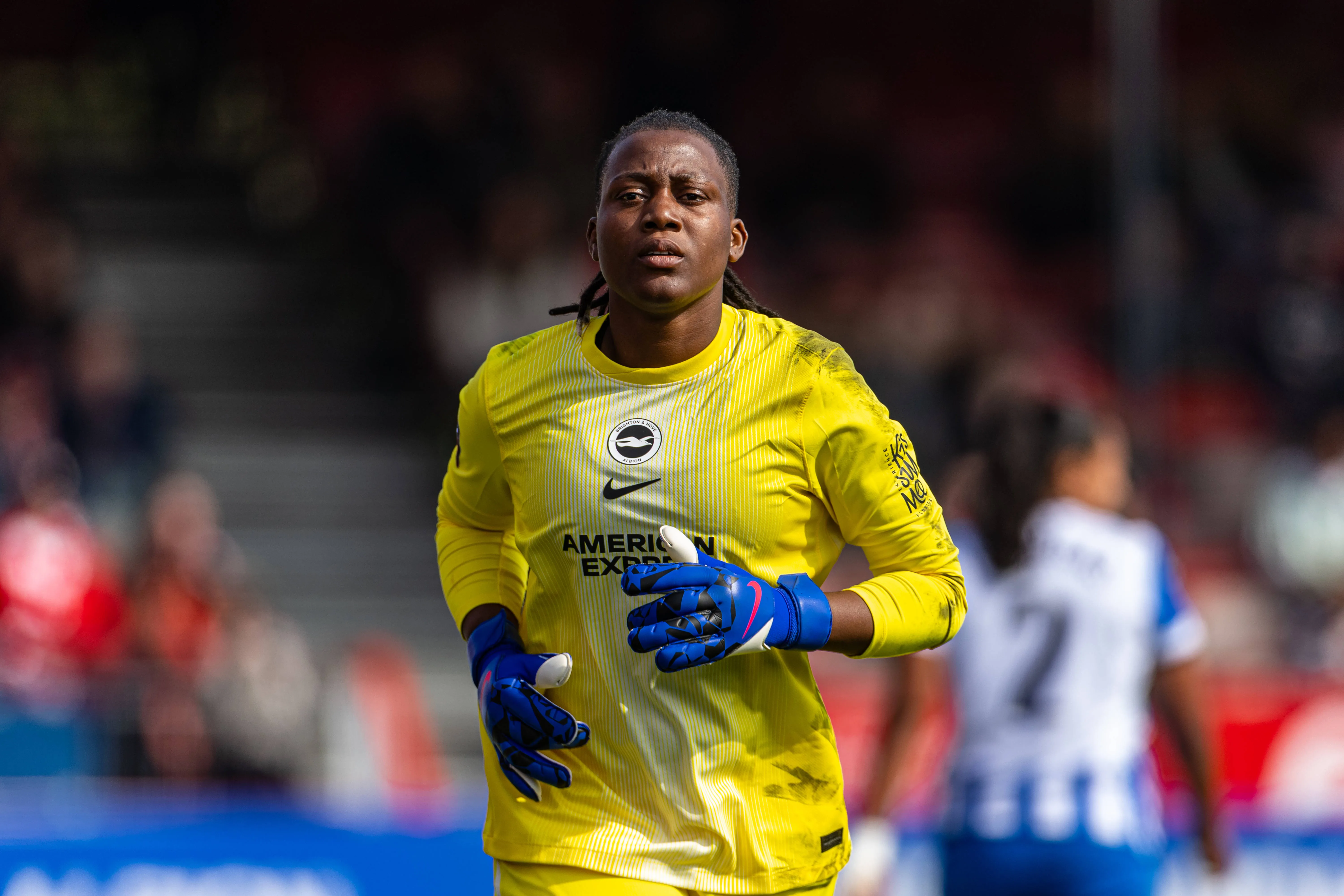 Brighton goalkeeper Chiamaka Nnadozie during the FA Womens Super League match between Brighton & Hove Albion FC Women and Liverpool FC Women at Broadfield Stadium. The game ended in a goalless draw.