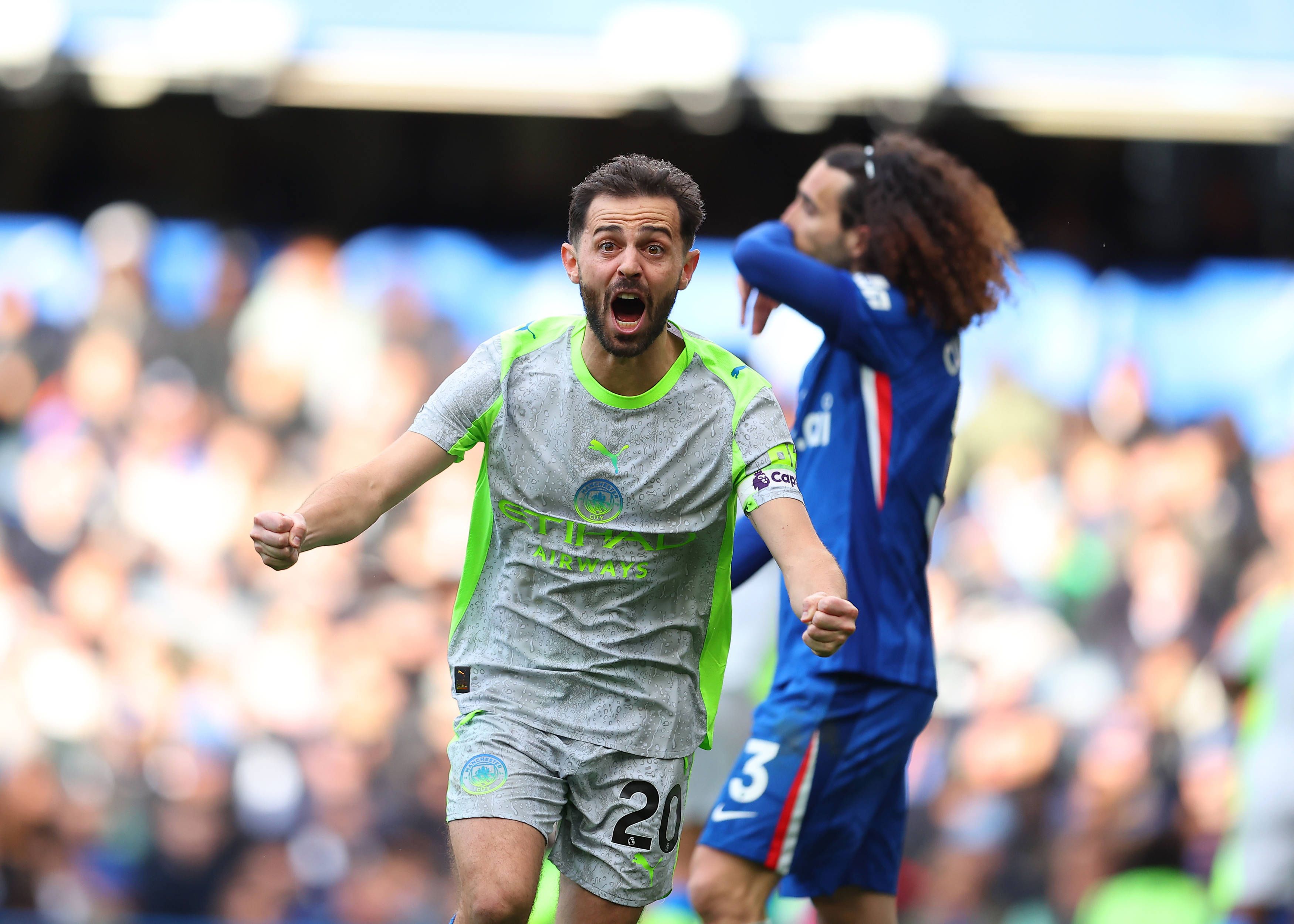 Bernardo Silva celebrates immediately after Marc Guehi of Manchester City scored