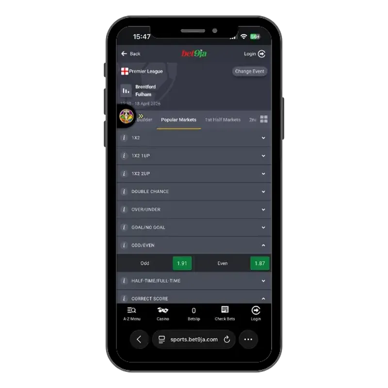 Odd and even odds for Brentford vs Fulham on Bet9ja, illustrating the meaning of odd and even in betting.