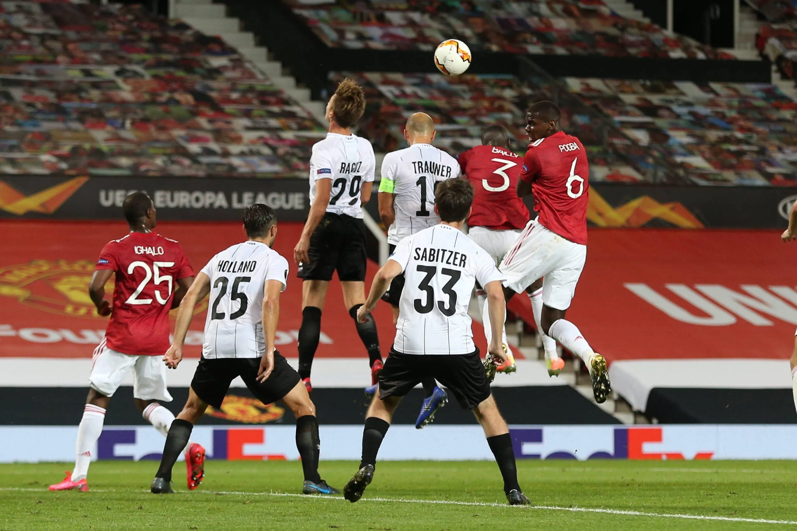 Image shows Odion Ighalo Manchester, James Holland, Marko Raguz, Dominik Reiter, Thomas Sabitzer LASK, Eric Bailly and Paul Pogba during Manchester United's Europa game vs LASK