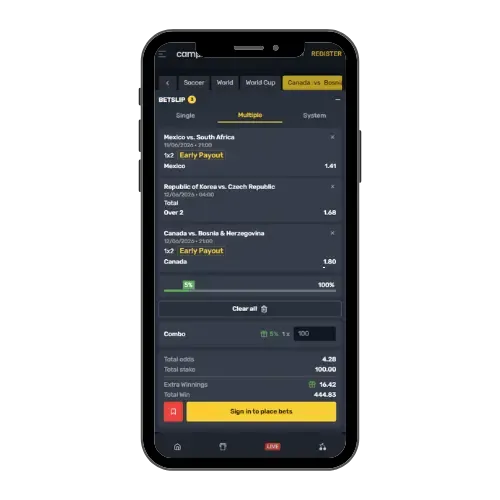 Campeonbet World Cup 2026 bet slip with 3 matches.