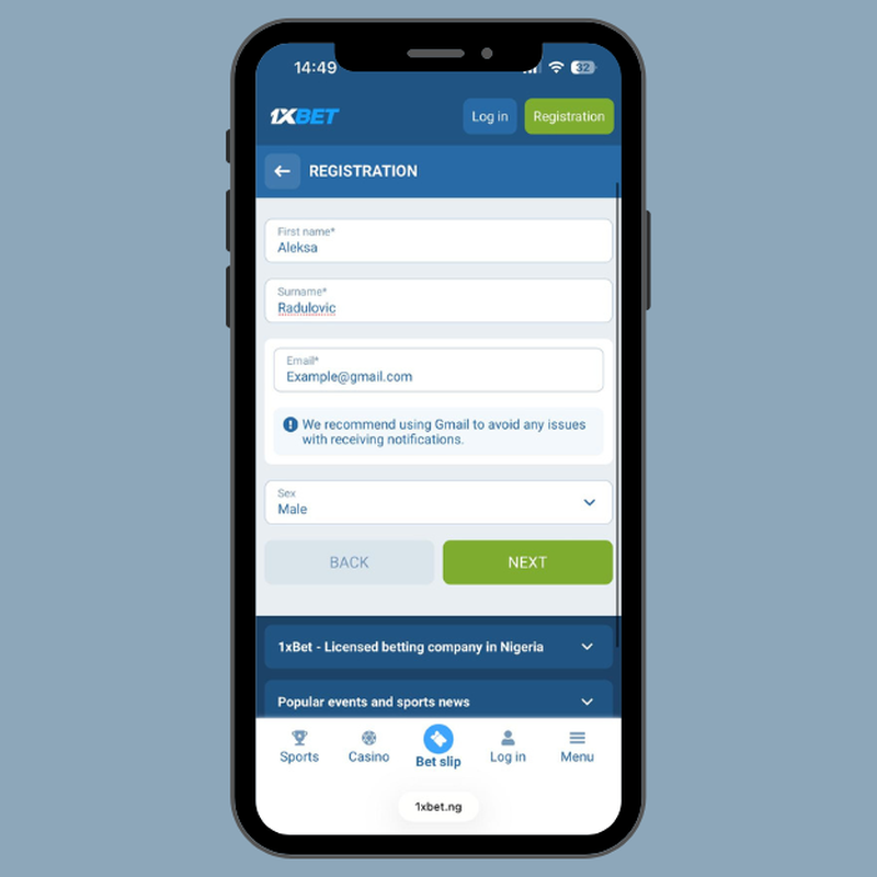 Interface detalhada do formulário de registro e login da 1xBet mostrando campos para e-mail, moeda e bónus.
