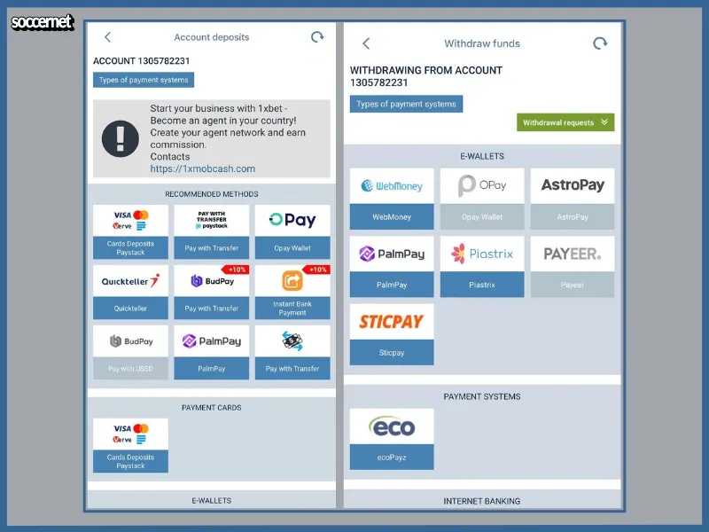 1xBet app deposit and withdrawal screens showing payment methods including cards, e-wallets, and bank transfer options