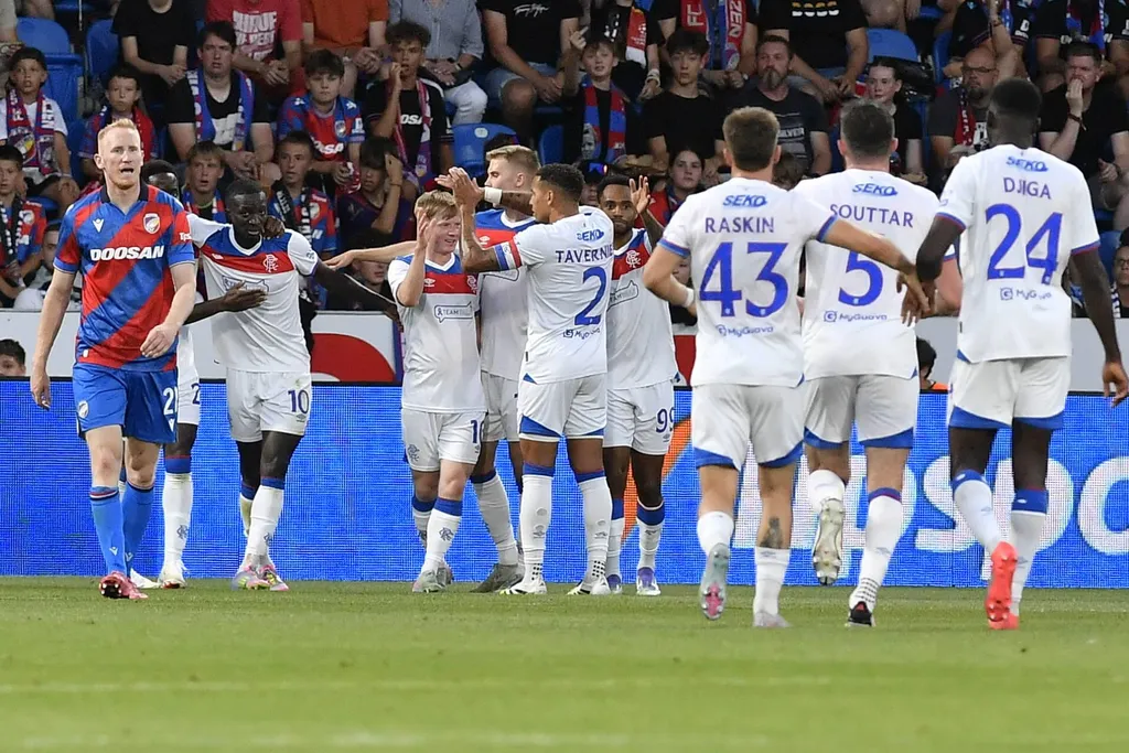 Scottish players rejoice after the equalising goal during the 3rd qualifying round match FC Viktoria Plzen vs Glasgow Rangers