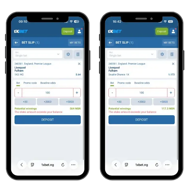 Side-by-side 1xBet bet slips for Liverpool vs Fulham showing opposite bets with balanced potential returns in a zero-risk setup.