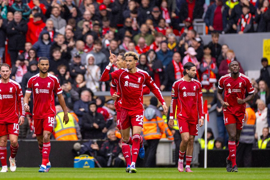 Hugo Ekitike celebrates after scoring the second goal during the FA Premier League match between Liverpool FC and Everton FC at Anfield