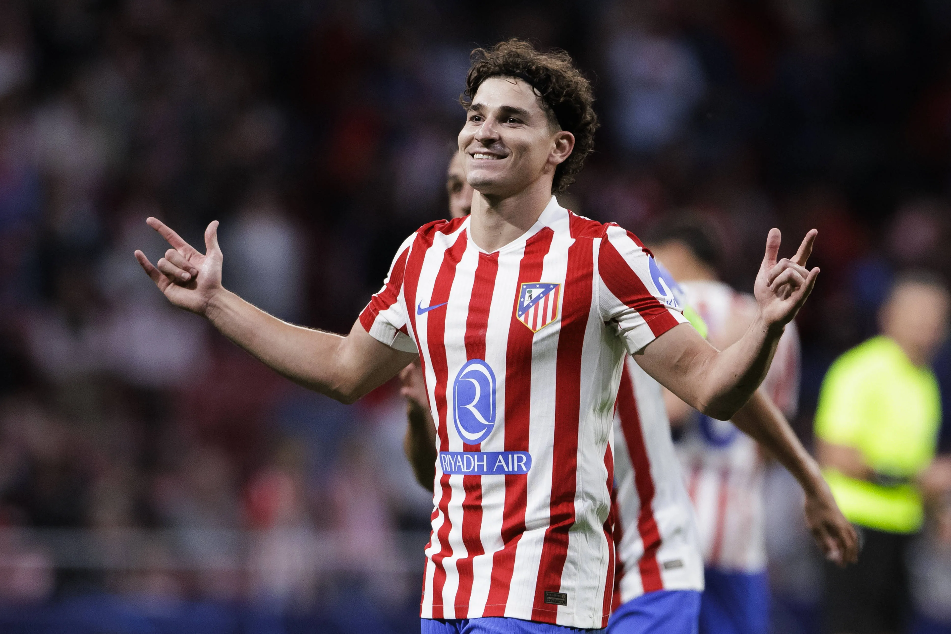 Julian Alvarez of Atletico de Madrid celebrates a goal during UEFA champions league 2025/26 match between Atletico de Madrid and Eintracht at Riyadh Air Metropolitano Stadium.