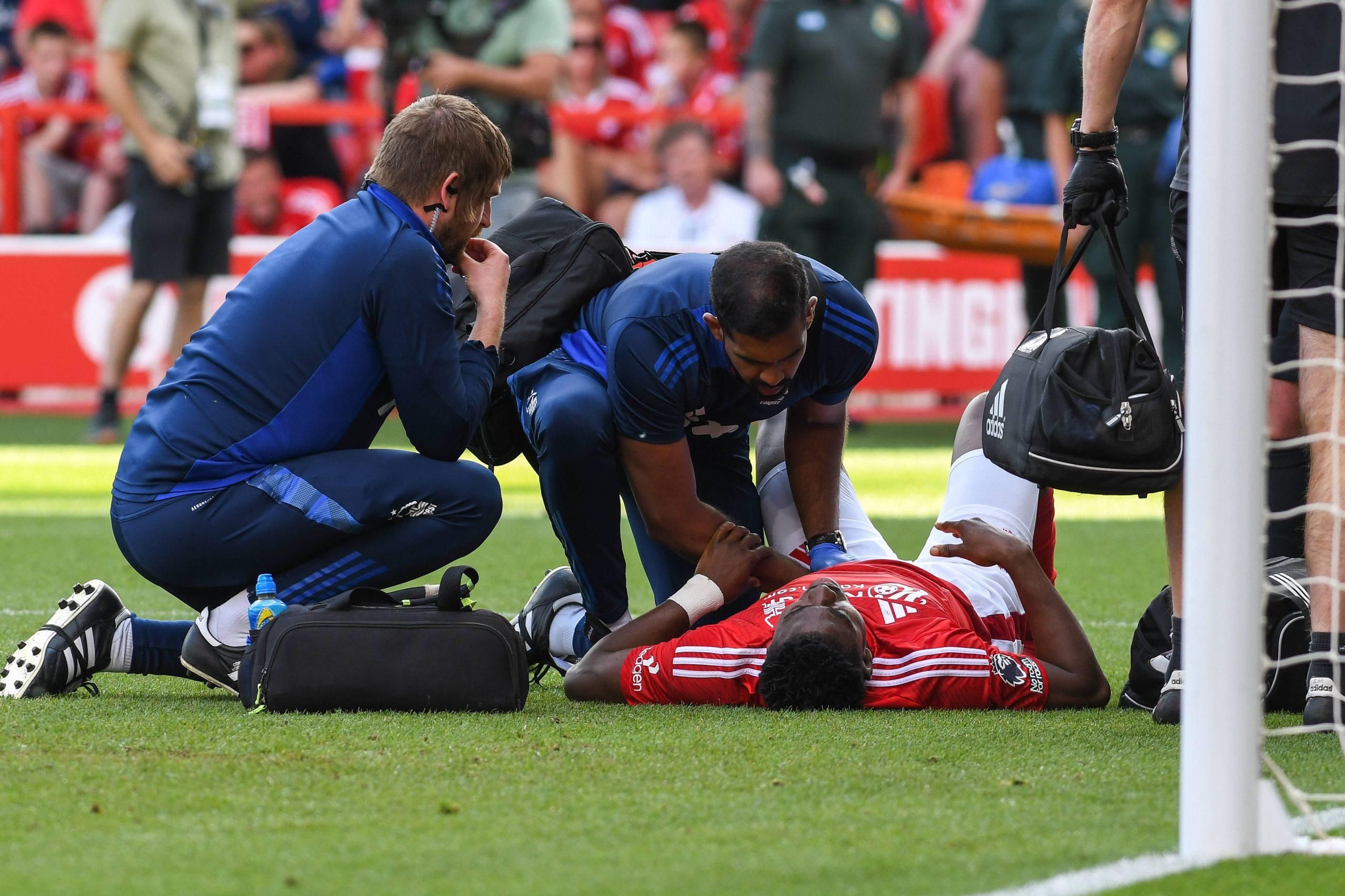 Nottingham Forests Taiwo Awoniyi receiving treatment after an injury