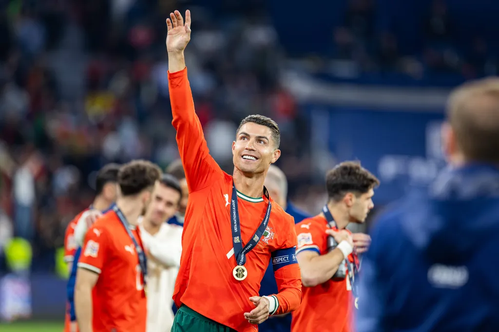 Cristiano Ronaldo waves during the UEFA Nations League 2025 final match between Portugal and Spain at Munich Football Arena in Munich, Germany