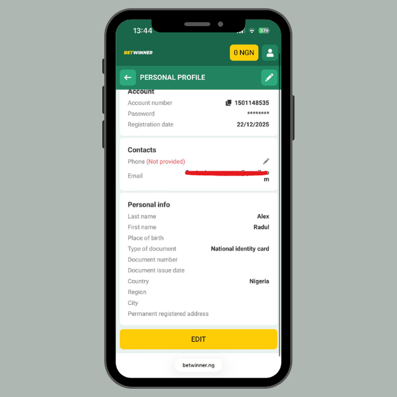 Betwinner personal profile page with account, contacts and personal info sections.