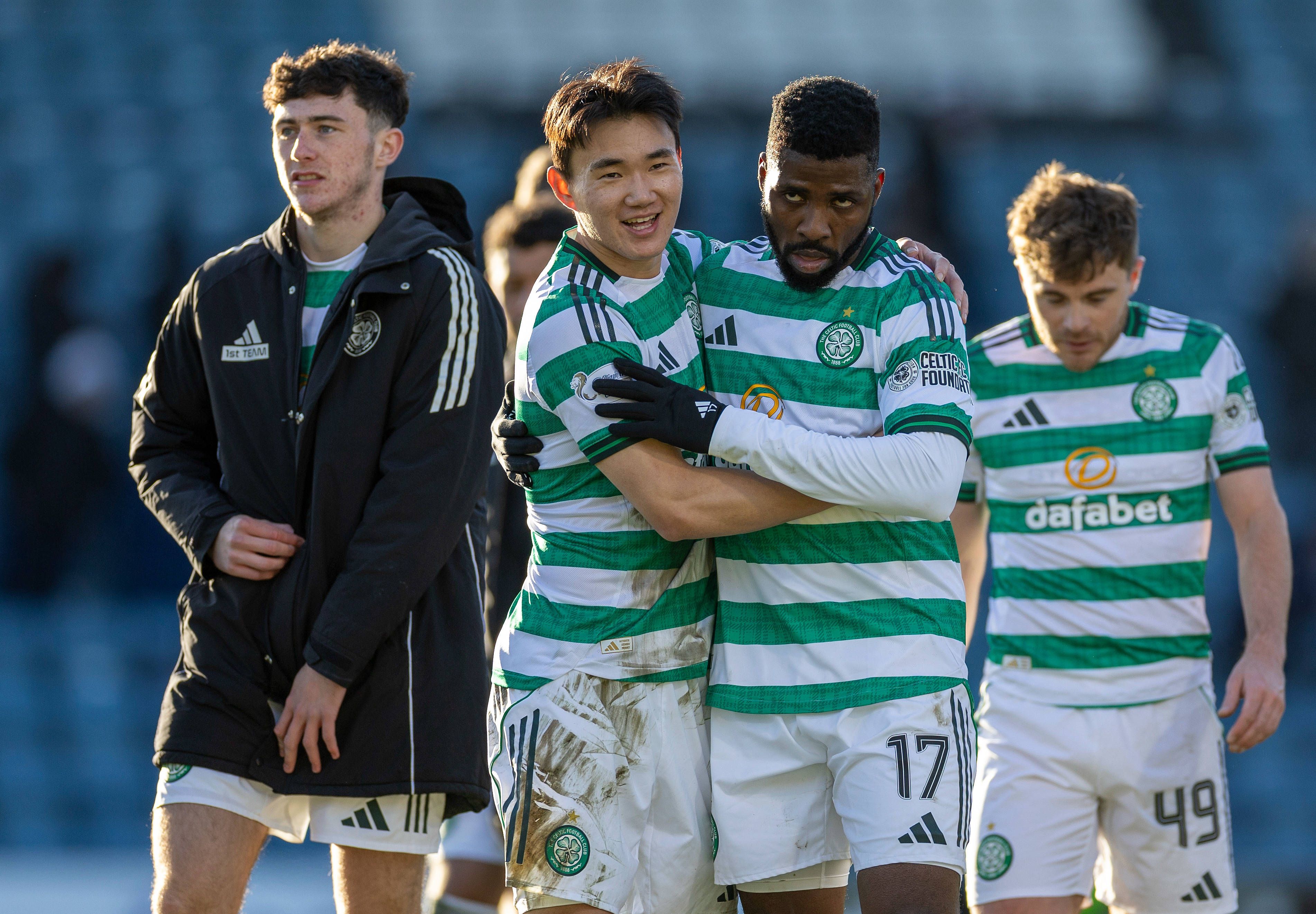  Hyunjun Yang of Celtic and Kelechi Iheanacho of Celtic celebrate after the match after their goals secure 3 points for Celtic