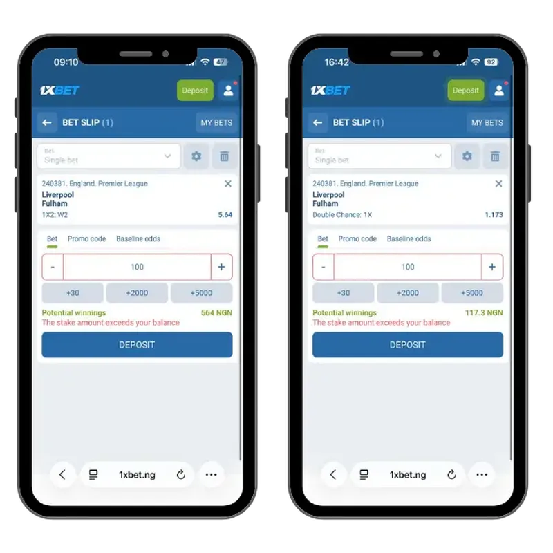 Side-by-side 1xBet bet slips for Liverpool vs Fulham showing opposite bets with balanced potential returns in a zero-risk setup.