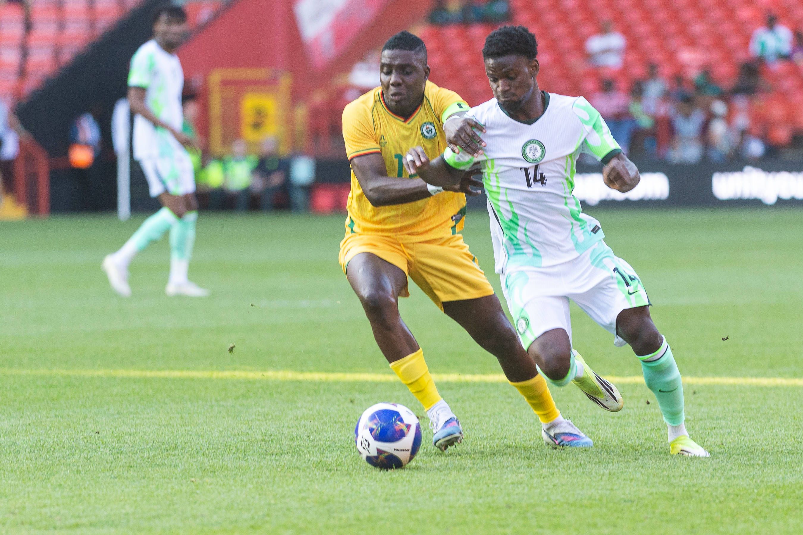 Nigeria v Zimbabwe, Unity Cup London 2026 Zimbabwe midfielder Marvelous Nakamba 18 and Nigeria midfielder Samson Tijani 14 during the Unity Cup London 2026 match between Nigeria and Zimbabwe at The Valley, London; 