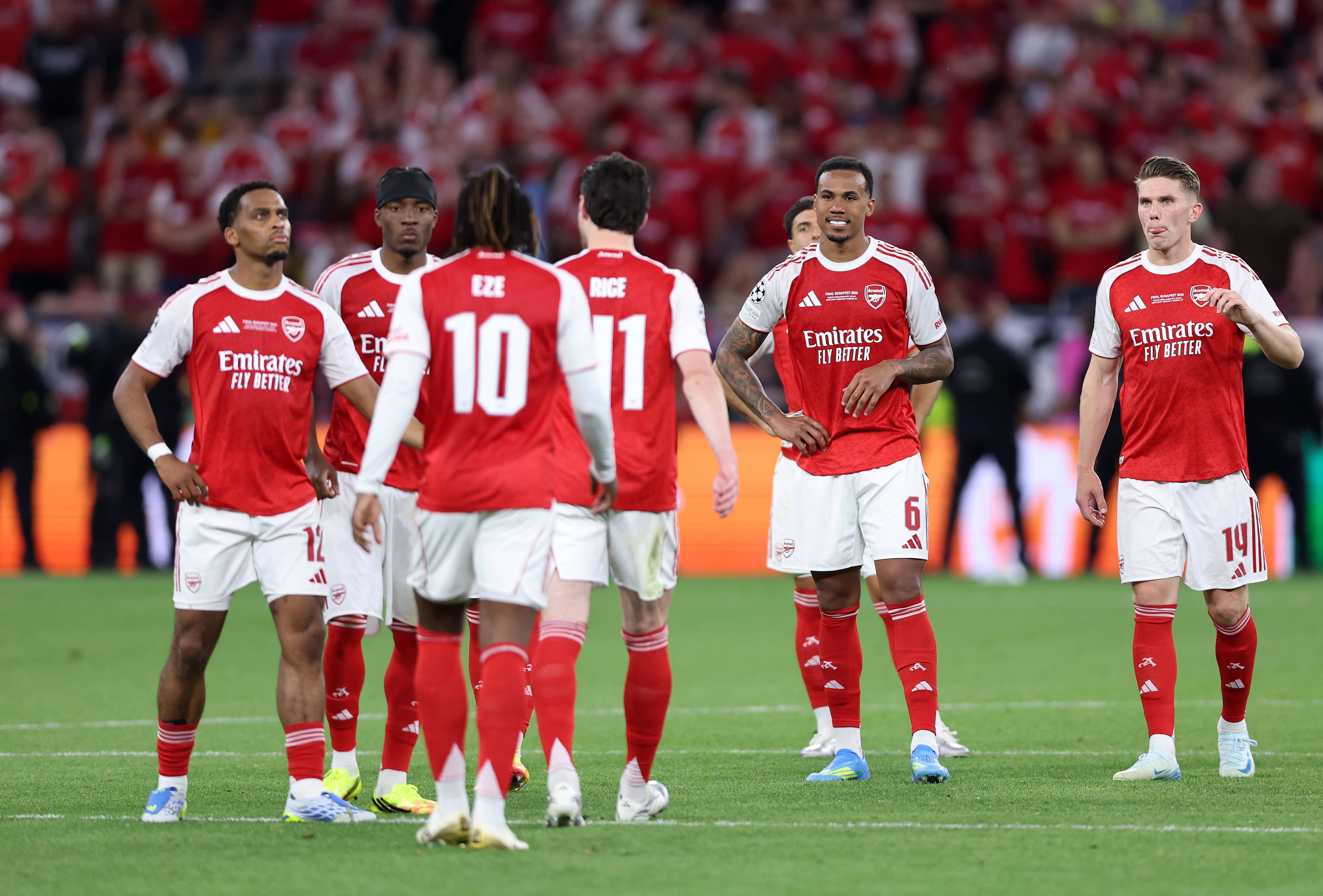 Gabriel of Arsenal looks on after Eberechi Eze of Arsenal misses his penalty during the Paris Saint Germain vs Arsenal UEFA Champions League Final match at Puskas Arena, Budapest