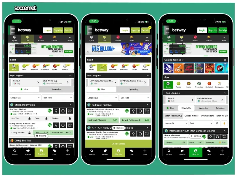 Betway live betting interface with mathces, odds, and more. 