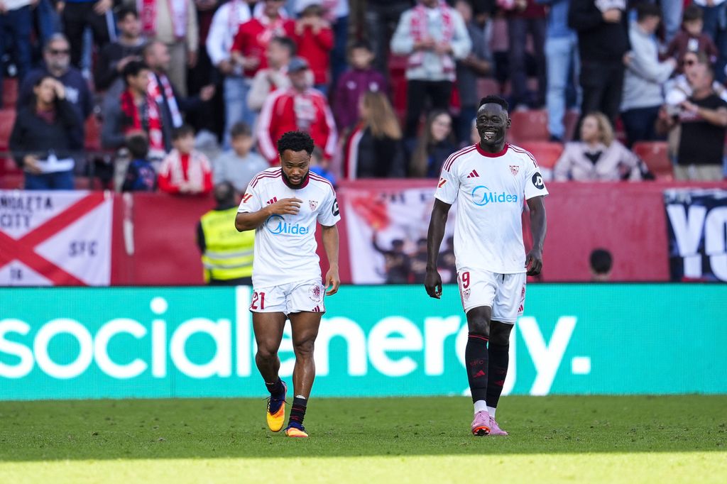 Akor Adams and Chidera Ejuke celebrate a goal during the Spanish league, LaLiga EA Sports, football match played between Sevilla FC and Real Oviedo